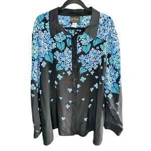 Bob Mackie Wearable Art 100% Silk Blouse 3X Black Blue Hydrangea Sequin Beaded